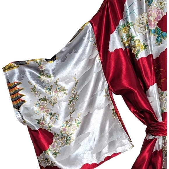 Vintage Satin Authentic Japanese Kimono Open Front Sash Tie Red White Maxi OS - Picture 12 of 13